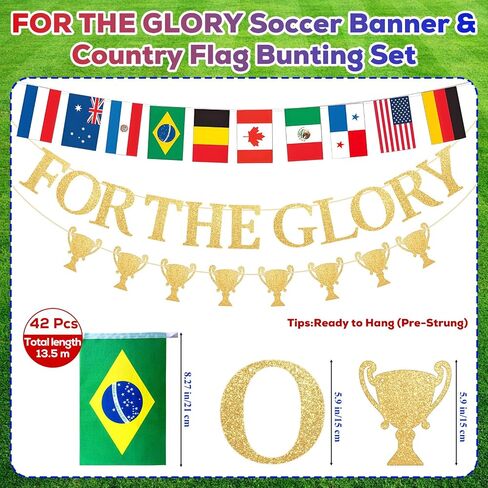 مجموعة راية كرة القدم من FOR THE GLORY وعلم الدولة - ديكورات حفلات بطولة العالم 2026 - خلفية ذهبية لامعة معلقة لاحتفالات كرة القدم الدولية - مثبتة مسبقًا in Kuwait