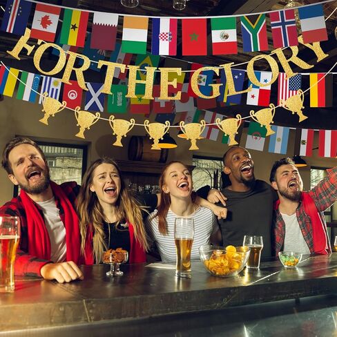 مجموعة راية كرة القدم من FOR THE GLORY وعلم الدولة - ديكورات حفلات بطولة العالم 2026 - خلفية ذهبية لامعة معلقة لاحتفالات كرة القدم الدولية - مثبتة مسبقًا in Kuwait