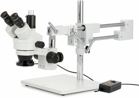 AmScope SM-4T-144A Professional Trinocular Stereo Zoom Microscope, WH10x Eyepieces, 7X-45X Magnification, 0.7X-4.5X Zoom Objective, Four-Zone LED Ring Light, Double-Arm Boom Stand in Kuwait