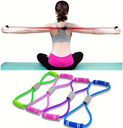 1pc Medium Resistance Exercise Bands with Foam Handles, Stackable Workout Bands for Stretching, Yoga & Pilates Random Color in Kuwait