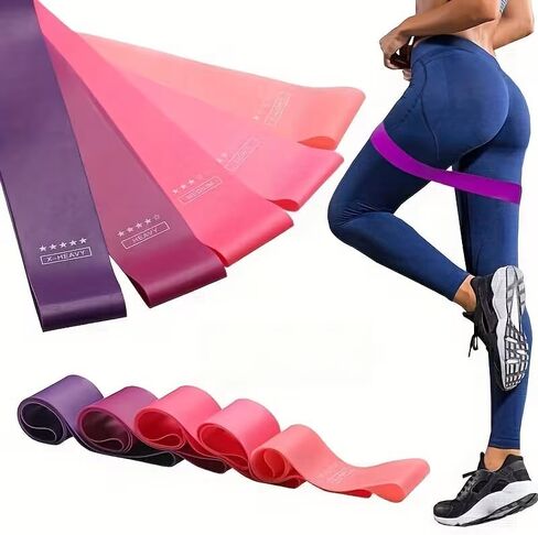 5pcs/Set Portable Purple-Haired Fitness Resistance Bands - Elastic Strength Training Equipment for Yoga, Gym, Pilates | Light Tension, Stackable Design, Mixed Colors, Women's Weightlifting in Kuwait