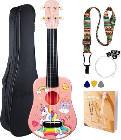 21 Inch Soprano Ukulele for Beginners Kids Adults & Students, Nylon Strings Hawaiian Ukulele Starter Kit with Gig Bag Strap Picks Extra Strings, Portable Musical Instrument (Blue) in Kuwait