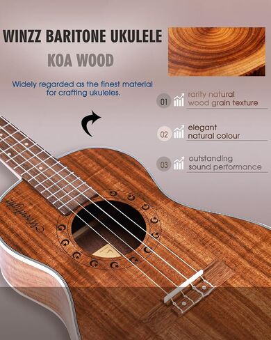 Winzz Baritone Ukulele 30 Inch for Beginners, KOA Ukelele Kit for Starter or Professional Best Selection Wood - Natural Matte in Kuwait