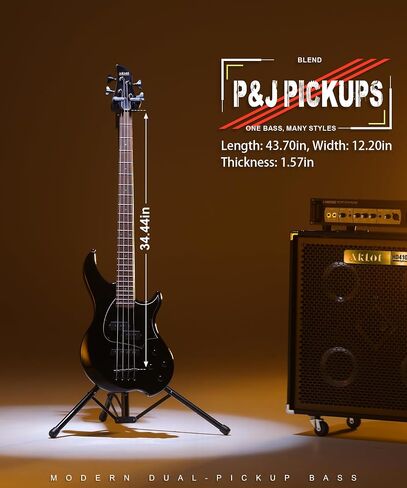 AKLOT Beginner Electric Bass Guitar: Precision & Jazz Dual Pickup, Roasted Maple Neck, 4-String Full Size Bass Guitar Kit with Lesson Book, Gig Bag, 2-Year Warranty(Helix PJ4-BK) in Kuwait