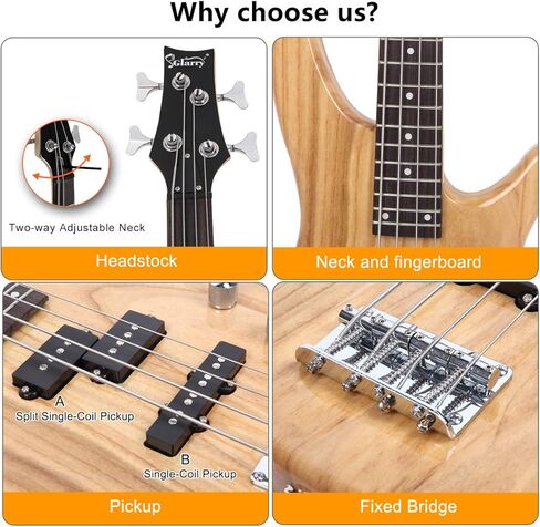 GLARRY GIB Series 4 String Electric Bass Guitar Beginner Kit Full Size with 20W AMP, Strap, Bag and Accessories (Burlywood) in Kuwait