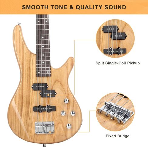 GLARRY GIB Series 4 String Electric Bass Guitar Beginner Kit Full Size with 20W AMP, Strap, Bag and Accessories (Burlywood) in Kuwait