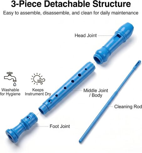 Soprano Recorder for Beginners - German Fingering 3-Piece Descant Flute in Key of C with Adjustable Thumb Rest, Cleaning Kit, & Fingering Chart - Ideal for School Classroom & Kids (Blue) in Saudi Arabia