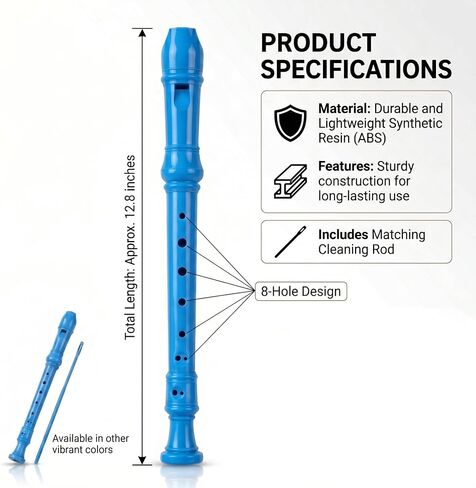 Soprano Recorder for Beginners - German Fingering 3-Piece Descant Flute in Key of C with Adjustable Thumb Rest, Cleaning Kit, & Fingering Chart - Ideal for School Classroom & Kids (Blue) in Saudi Arabia
