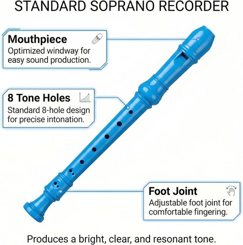Soprano Recorder for Beginners - German Fingering 3-Piece Descant Flute in Key of C with Adjustable Thumb Rest, Cleaning Kit, & Fingering Chart - Ideal for School Classroom & Kids (Blue) in Saudi Arabia
