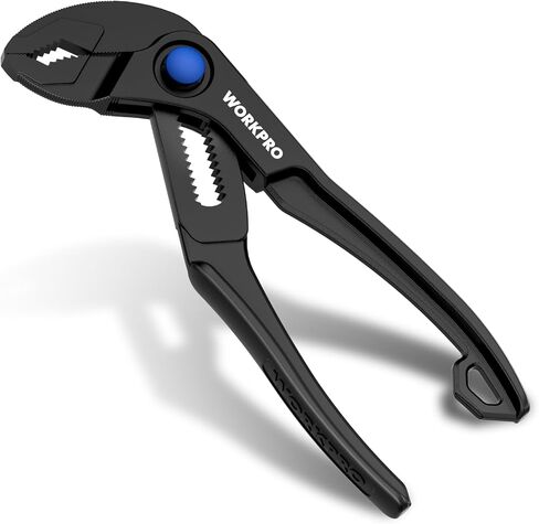 WORKPRO Mini Water Pump Pliers, 4-Inch Groove Joint Pliers, Fast Adjustable Tongue and Groove Pliers with 15-Position Push-Lock, V-Jaw for Multi-Surface Grip, Ideal for Tight Spaces and Versatile Use in Kuwait