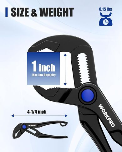 WORKPRO Mini Water Pump Pliers, 4-Inch Groove Joint Pliers, Fast Adjustable Tongue and Groove Pliers with 15-Position Push-Lock, V-Jaw for Multi-Surface Grip, Ideal for Tight Spaces and Versatile Use in Kuwait