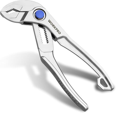 WORKPRO Mini Water Pump Pliers, 4-Inch Groove Joint Pliers, Fast Adjustable Tongue and Groove Pliers with 15-Position Push-Lock, V-Jaw for Multi-Surface Grip, Ideal for Tight Spaces and Versatile Use in Kuwait