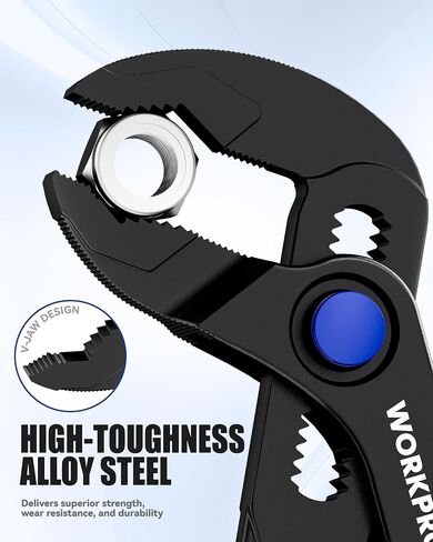 WORKPRO Mini Water Pump Pliers, 4-Inch Groove Joint Pliers, Fast Adjustable Tongue and Groove Pliers with 15-Position Push-Lock, V-Jaw for Multi-Surface Grip, Ideal for Tight Spaces and Versatile Use in Kuwait