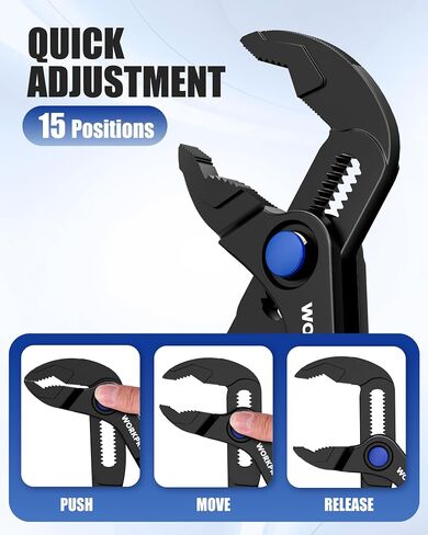 WORKPRO Mini Water Pump Pliers, 4-Inch Groove Joint Pliers, Fast Adjustable Tongue and Groove Pliers with 15-Position Push-Lock, V-Jaw for Multi-Surface Grip, Ideal for Tight Spaces and Versatile Use in Kuwait