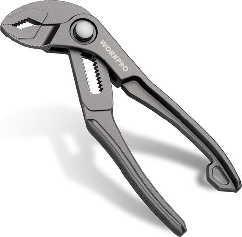 WORKPRO Mini Water Pump Pliers, 4-Inch Groove Joint Pliers, Fast Adjustable Tongue and Groove Pliers with 15-Position Push-Lock, V-Jaw for Multi-Surface Grip, Ideal for Tight Spaces and Versatile Use in Kuwait