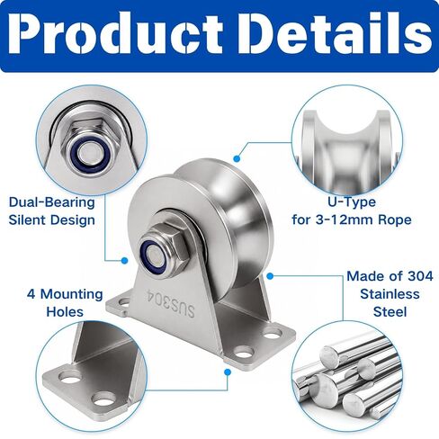 Coloch 2 Pack U Groove Pulley Wheel for Rope, Stainless Steel Cable Pulley Wheel with Screws Wall Mounted Lifting Pulley Block with Duplex Bearings for DIY, Gym Equipment, Sliding Rolling Gate in Kuwait