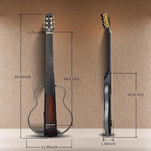 WishMade Fretless جيتار كهربائي صامت للسفر، سلسلة نايلون كلاسيكية، جسم الماهوجني، إطار من خليط معدني قابل للإزالة، وضع ممارسة سماعة الرأس (Sunburst) in Kuwait