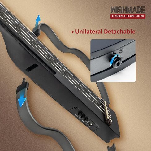 WishMade Fretless جيتار كهربائي صامت للسفر، سلسلة نايلون كلاسيكية، جسم الماهوجني، إطار من خليط معدني قابل للإزالة، وضع ممارسة سماعة الرأس (Sunburst) in Kuwait