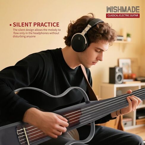 WishMade Fretless جيتار كهربائي صامت للسفر، سلسلة نايلون كلاسيكية، جسم الماهوجني، إطار من خليط معدني قابل للإزالة، وضع ممارسة سماعة الرأس (Sunburst) in Kuwait