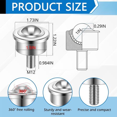 4 Pcs 1 Inch Steel Ball Transfer Roller Casters with Threaded Stem, Heavy Duty Stud Mounted, 1760 Lbs Total Load Capacity, 360° Conveyor Roller for Material Handling, Workbench, Woodworking in Saudi Arabia