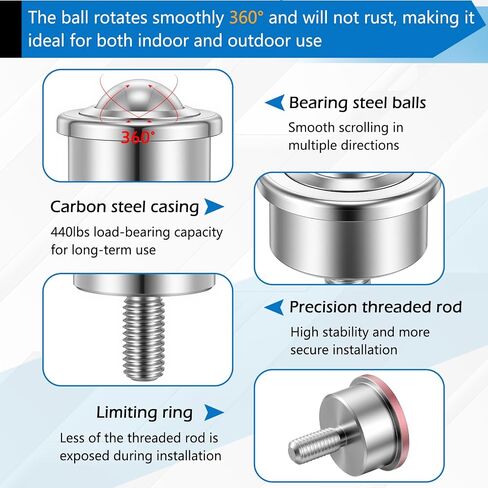 4 Pcs 1 Inch Steel Ball Transfer Roller Casters with Threaded Stem, Heavy Duty Stud Mounted, 1760 Lbs Total Load Capacity, 360° Conveyor Roller for Material Handling, Workbench, Woodworking in Saudi Arabia