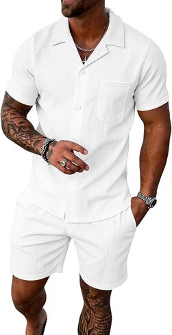UOUA 2 Piece Short Sets for Men Summer Beach Outfits Stripe Texture Button Down Shirts & Shorts Casual Vacation Set in Saudi Arabia