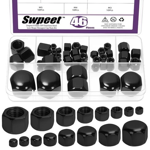 Swpeet 46 قطعة 8 أحجام M3 M4 M5 M6 M8 M10 M12 M14 DIN917 304 الفولاذ المقاوم للصدأ قصير غطاء منخفض غطاء الجوز الجوز عدة، مسدس منخفض النوع غطاء رقيق الجوز الجوز، غطاء سداسي الجوز أعمى للآلات والأثاث in Kuwait