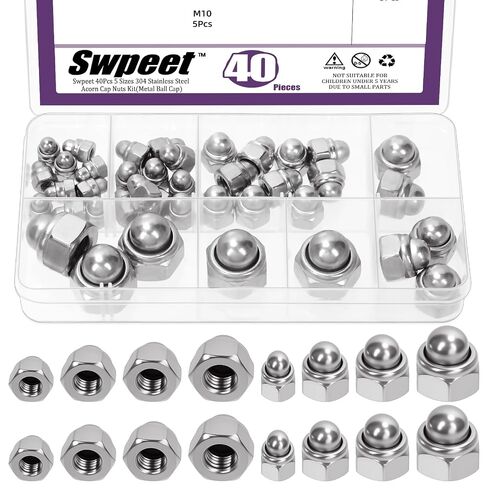 Swpeet 40 قطعة 5 مقاسات M4 M5 M6 M8 M10 304 مجموعة متنوعة من صواميل غطاء البلوط المترية من الفولاذ المقاوم للصدأ، صامولة غطاء قبة سداسية مسننة، صواميل سداسية ذات رأس قبة ذاتية القفل للأثاث وأجهزة السيارات in Kuwait