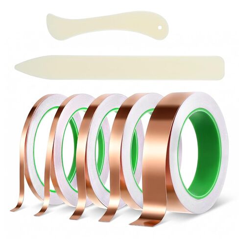 5 Pack Copper Foil Tape with Conductive Adhesive, 5 Size 1.97mil x 0.2/0.25/0.4/0.5/1Inch x 66ft Double Sided Copper Tape for Electrical Repairs, Guitar, Stained Glass, Grounding, Crafts in Kuwait