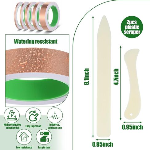5 Pack Copper Foil Tape with Conductive Adhesive, 5 Size 1.97mil x 0.2/0.25/0.4/0.5/1Inch x 66ft Double Sided Copper Tape for Electrical Repairs, Guitar, Stained Glass, Grounding, Crafts in Kuwait