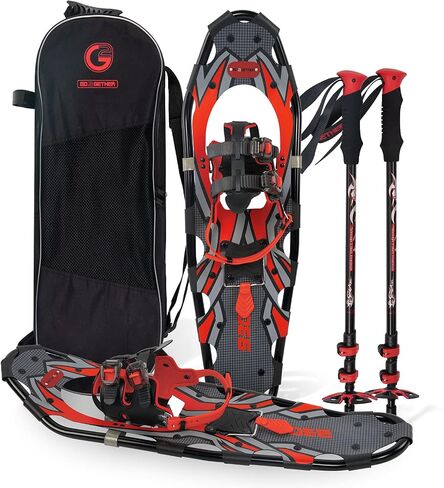 G2 36 Inches Light Weight Snowshoes with Toe Box, EVA Padded Ratchet Binding, Heel Lift, Flexible Pivot Bar, Durable Back Strap, Set with Trekking Poles, Carrying Bag, Snow Baskets, Red in Kuwait