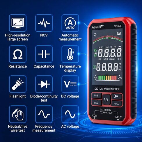 NF-625 جهاز قياس رقمي متعدد، 6000 جهاز اختبار نطاق تلقائي مع NCV، يقيس الجهد الكهربي والمقاومة والسعة ودرجة الحرارة، قابل لإعادة الشحن عبر USB مع مصباح يدوي LED للكهربائيين والأعمال اليدوية in Kuwait