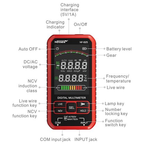 NF-625 جهاز قياس رقمي متعدد، 6000 جهاز اختبار نطاق تلقائي مع NCV، يقيس الجهد الكهربي والمقاومة والسعة ودرجة الحرارة، قابل لإعادة الشحن عبر USB مع مصباح يدوي LED للكهربائيين والأعمال اليدوية in Kuwait