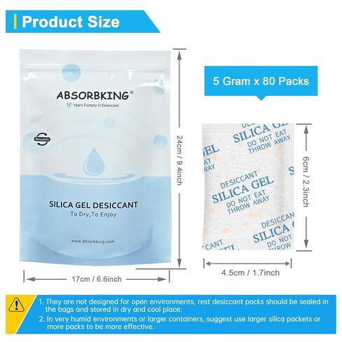 Absorbking Silica Gel Packets – 5 Gram 80 Packs Desiccant Packs for Storage, Food Grade Moisture Absorbers with Color Indicating, Silica Packets for Foods, Storage Bins, 3D Filaments, Electronics in Kuwait