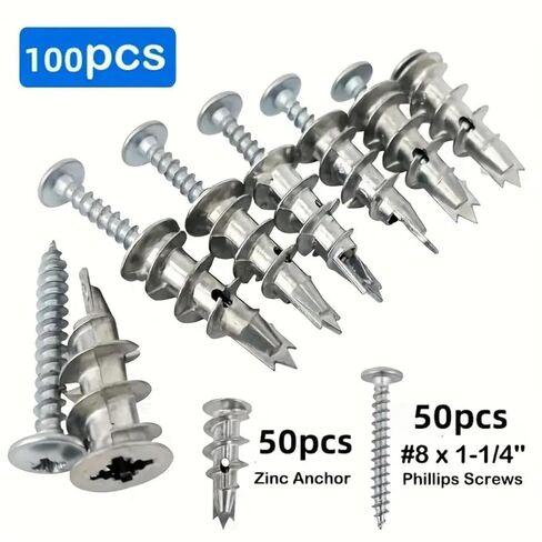 50/100Pcs Zinc Self-Drilling Drywall Expansion Anchors with Screws Kit, Used for TV Shelf Cabinet Gypsum Board Fixing in Kuwait