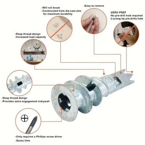 50/100Pcs Zinc Self-Drilling Drywall Expansion Anchors with Screws Kit, Used for TV Shelf Cabinet Gypsum Board Fixing in Kuwait