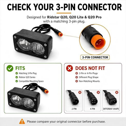 3 Pin Ebike Headlight Kit Compatible with Ridstar Q20/Q20 Lite/Q20 Pro, 20W Baja Style LED Front Light, 12V-60V Plug and Play Water-Resistant Headlamp with Mounting Hardware and Zip Ties in Kuwait