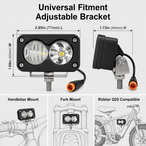 3 Pin Ebike Headlight Kit Compatible with Ridstar Q20/Q20 Lite/Q20 Pro, 20W Baja Style LED Front Light, 12V-60V Plug and Play Water-Resistant Headlamp with Mounting Hardware and Zip Ties in Kuwait