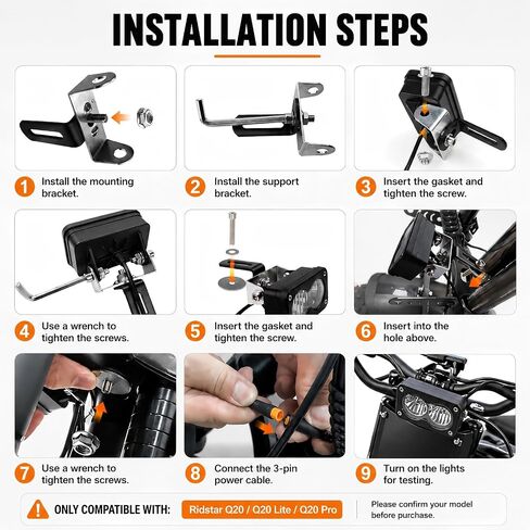3 Pin Ebike Headlight Kit Compatible with Ridstar Q20/Q20 Lite/Q20 Pro, 20W Baja Style LED Front Light, 12V-60V Plug and Play Water-Resistant Headlamp with Mounting Hardware and Zip Ties in Kuwait