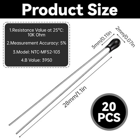 20 PCS NTC Thermistors Resistors, MF52-103 Current Limiter Temperature Sensor 10K Ohm NTC thermistor for Measuring Temperature, Black in Kuwait