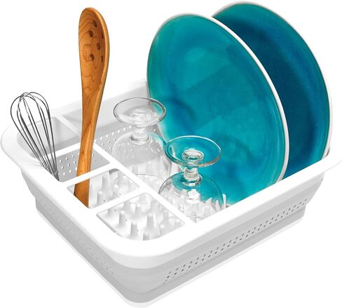madesmart Collapsible Dish Rack, Foldable Dish Drying Station for Plates, Bowls, Cups & Utensils, Integrated Draining Board, Non Slip Base, Durable & Easy-Clean Kitchen Drying Organizer, Carbon in Kuwait
