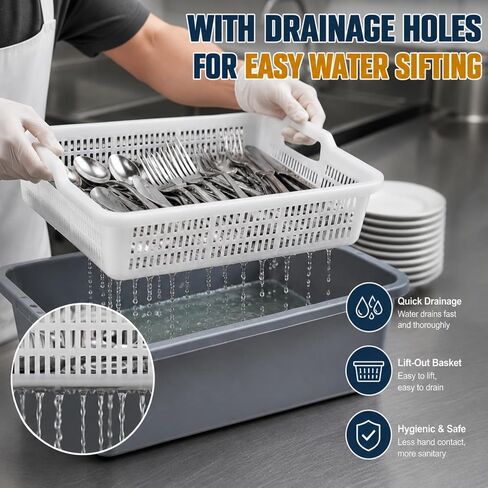 Geetery Commercial Silverware Soak Rack with Drain Basket, 24 x 16.5 x 7 in Large Utensil Soaking Tub for Restaurant Kitchen, Catering, Cafeteria and Food Service Dishwashing in Kuwait