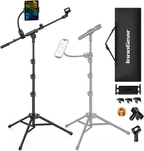 InnoGear Microphone Stand Floor, Adjustable Tripod Boom Mic Stand with Tablet Phone Holder Carrying Bag 2 Mic Clips 3/8" to 5/8" Adapter for Blue Yeti SM58 SM48 Fifine K669B, Podcast Singing Stage in Kuwait