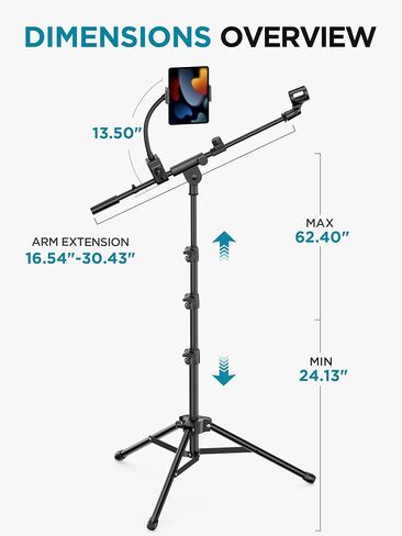 InnoGear Microphone Stand Floor, Adjustable Tripod Boom Mic Stand with Tablet Phone Holder Carrying Bag 2 Mic Clips 3/8" to 5/8" Adapter for Blue Yeti SM58 SM48 Fifine K669B, Podcast Singing Stage in Kuwait
