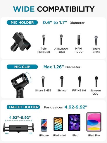 InnoGear Microphone Stand Floor, Adjustable Tripod Boom Mic Stand with Tablet Phone Holder Carrying Bag 2 Mic Clips 3/8" to 5/8" Adapter for Blue Yeti SM58 SM48 Fifine K669B, Podcast Singing Stage in Kuwait