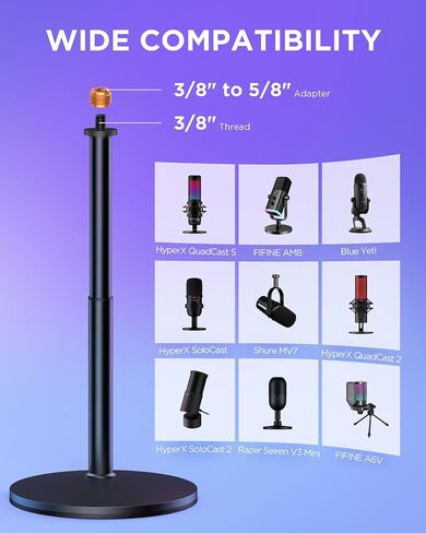 InnoGear Desktop Microphone Stand, Telescopic Table Mic Stand for Desk Adjustable with Mic Clip 5/8" to 3/8" Screw for Blue Yeti HyperX QuadCast SoloCast Snowball Fifine Shure SM7B and Other Mic in Kuwait
