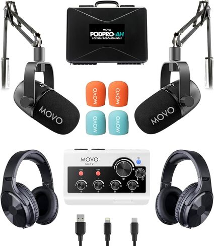 مجموعة معدات البودكاست المحمولة من Movo لهواتف iPhone/Android - مجموعة بودكاست مع واجهة صوتية، 2 ميكروفون ديناميكي CastMic، 2 حامل طاولة - للهواتف الذكية، وأجهزة الكمبيوتر، وأجهزة الكمبيوتر الشخصية، وMac - Lightning، USB، USB-C in Kuwait
