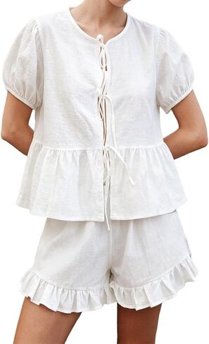 Womens Ruffle Short Sets 2 Piece Outfits Fashion Summer Short Sleeve Tie Front Top and Shorts Cotton Pajama Set in Kuwait