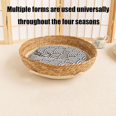 Summer Round Shaped Breathable Cool Rattan Pet Bed | 13.78 Inch Handmade Woven Durable Dog Bed Cat Beds for Indoor Cats Pets Supplies Small Midium Pet Use All Season Universal in Kuwait