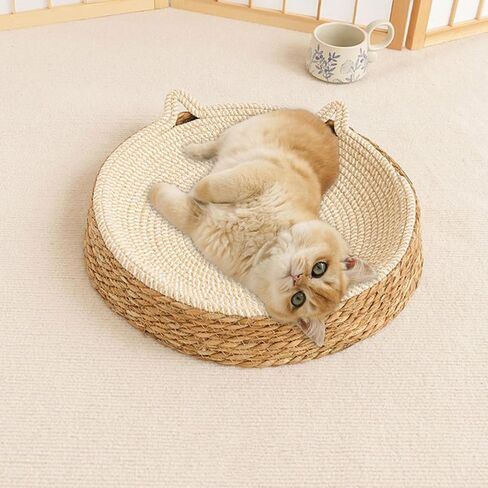 Summer Round Shaped Breathable Cool Rattan Pet Bed | 13.78 Inch Handmade Woven Durable Dog Bed Cat Beds for Indoor Cats Pets Supplies Small Midium Pet Use All Season Universal in Kuwait